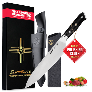 SliceElite 8-Inch Chef Knife German Steel Pakkawood Handle with Leather Sheath