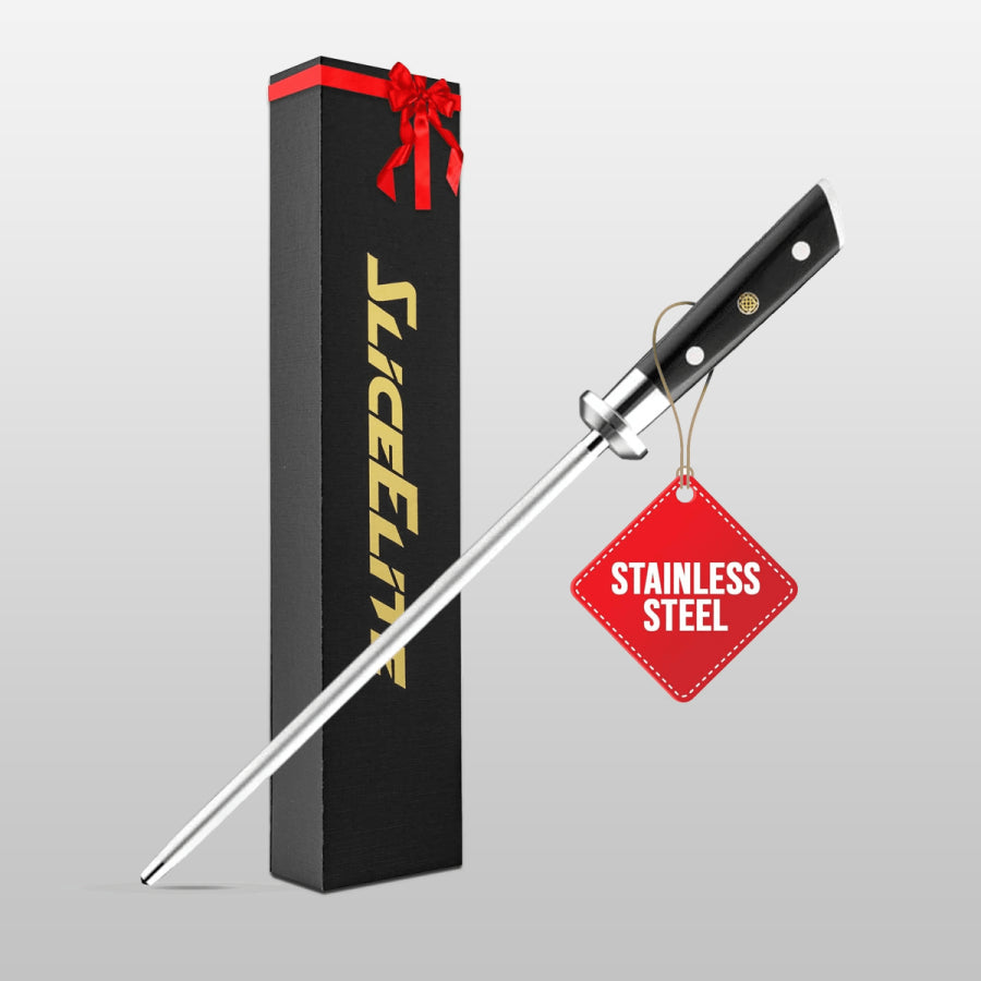 Stainless steel knife with a red 'Stainless Steel' tag and black box with yellow text on a gray background