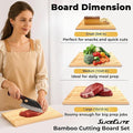 Woman using a SliceElite bamboo cutting board with text on board dimensions and uses.