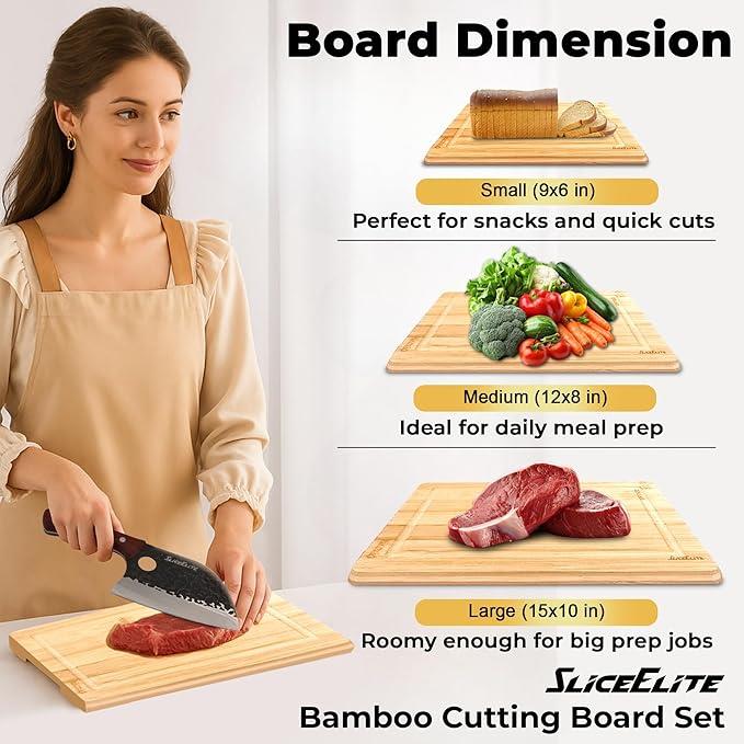 Woman using a SliceElite bamboo cutting board with text on board dimensions and uses.