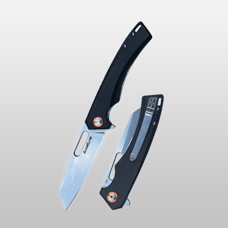 Outlaw 505 EDC knife Folding knife with black handle and silver blade on a light gray background