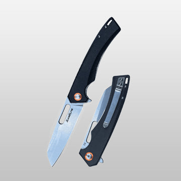 Outlaw 505 EDC knife Folding knife with black handle and silver blade on a light gray background