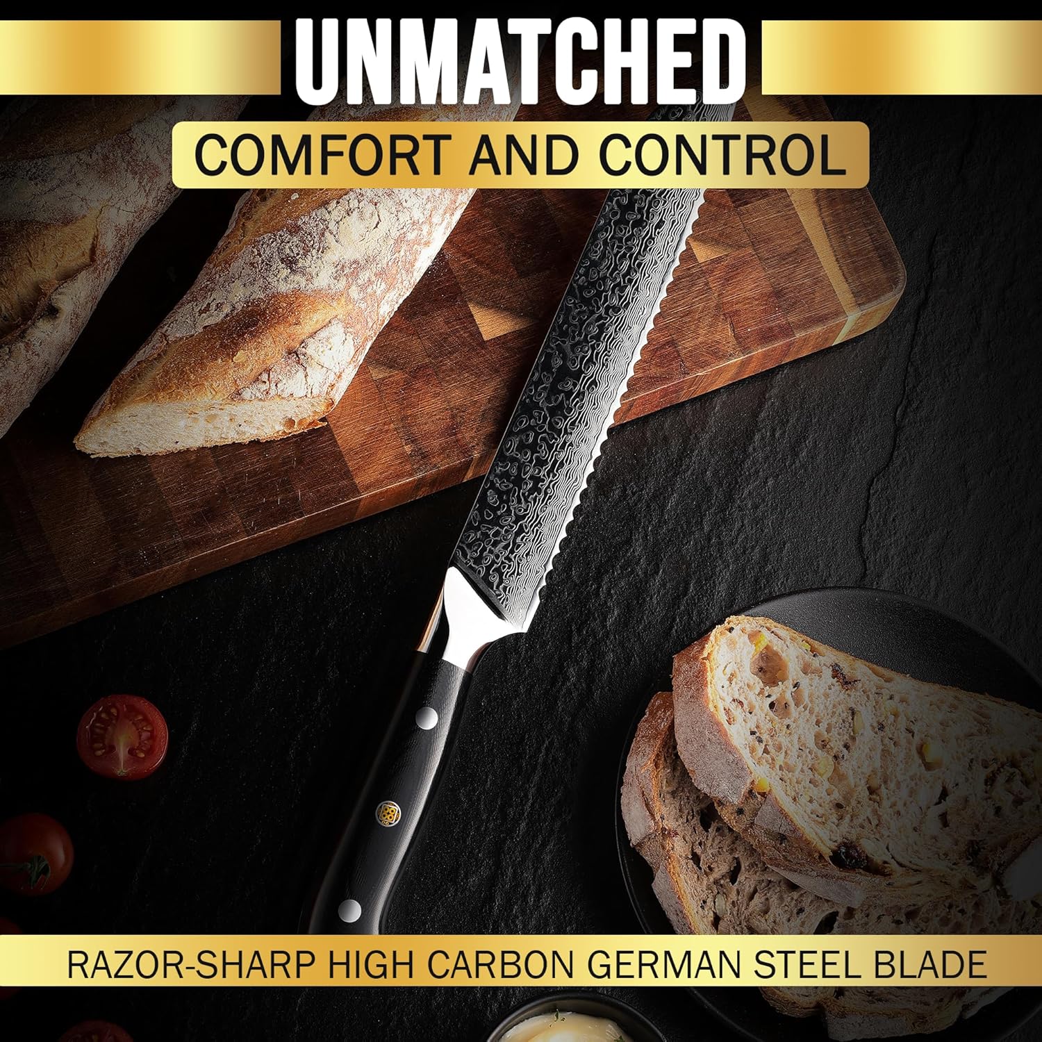 A razor-sharp high-carbon German steel knife is showcased cutting through bread, emphasizing comfort, control, and precision with its sleek design.