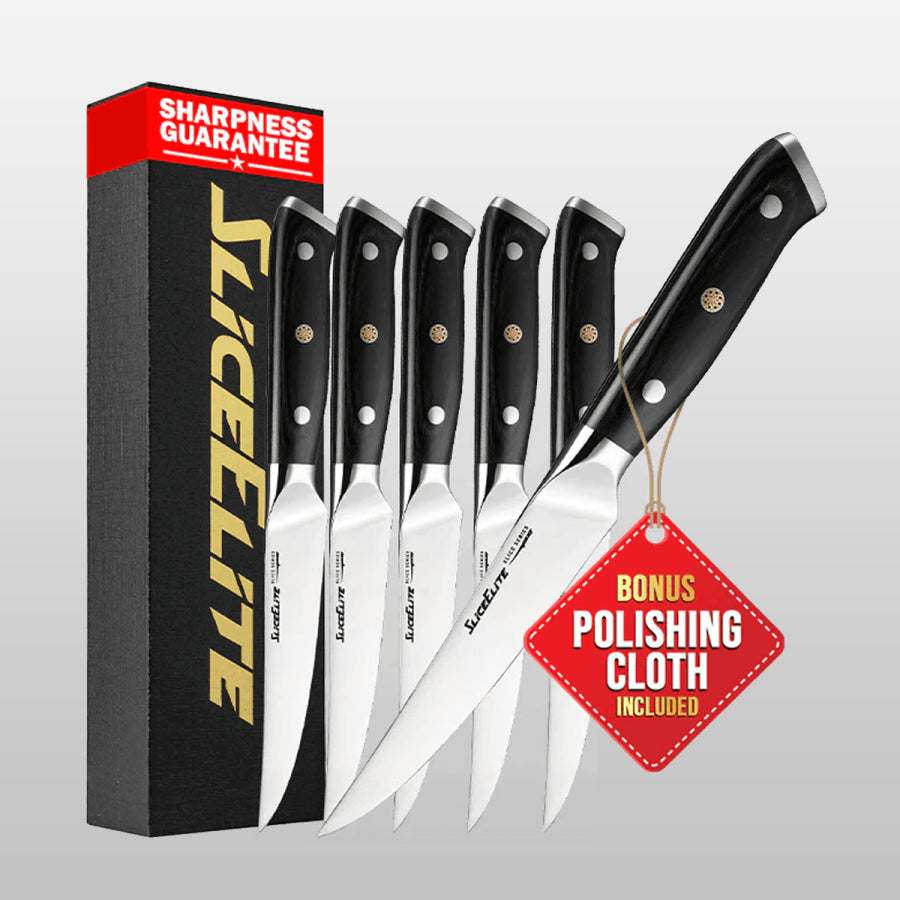 Set of knives with black handles and a 'Slice Elite' packaging on a gray background