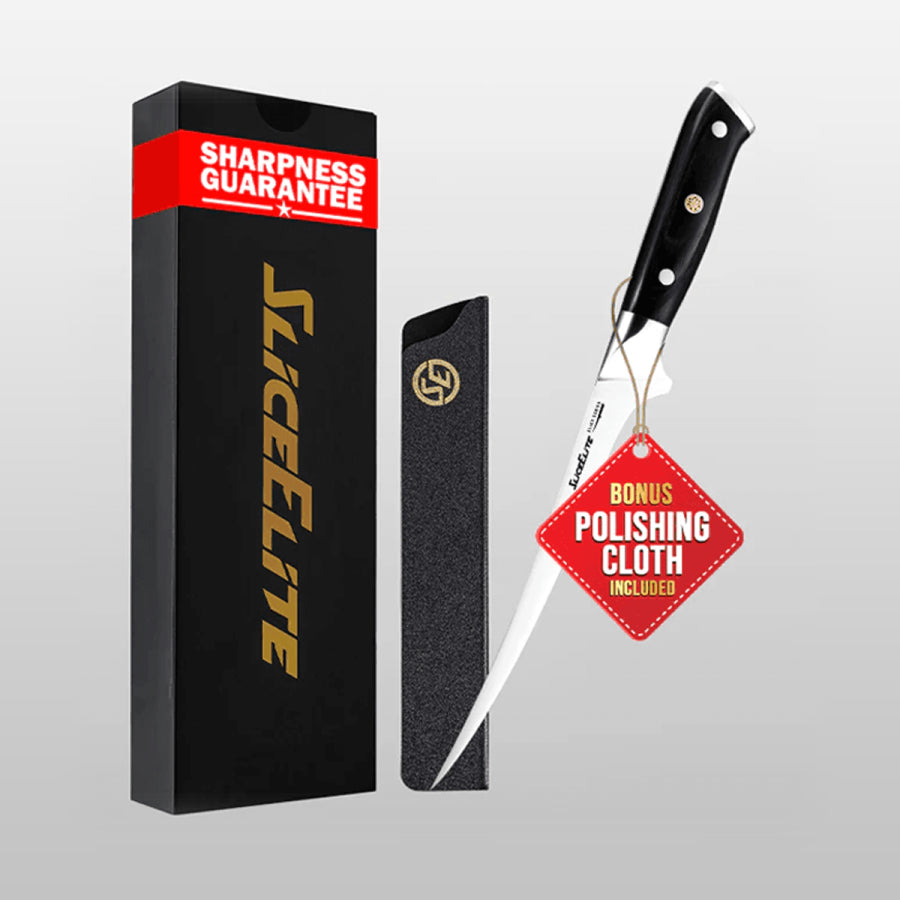 Knife with 'Slice Elite' packaging and a polishing cloth on a gray background