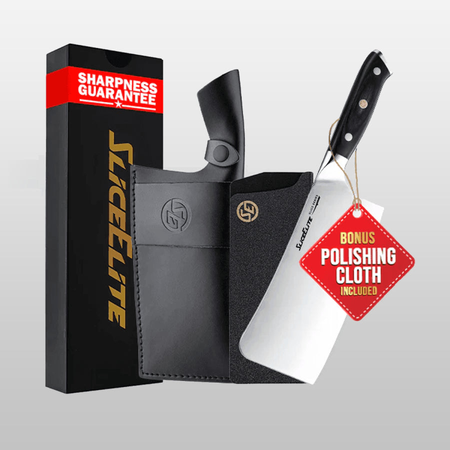 Knife set with sheath, sharpness guarantee box, and polishing cloth on a light gray background