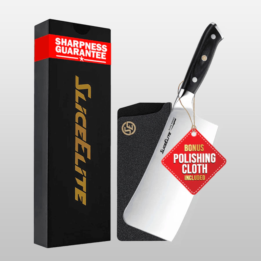 Slice Elite knife set with packaging and polishing cloth on a gray background