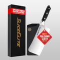 Slice Elite knife set with packaging and polishing cloth on a gray background