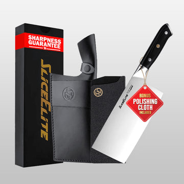 Knife set with packaging, knife, sheath, and polishing cloth on a light gray background