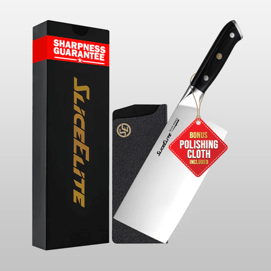 Slice Elite cleaver with packaging and polishing cloth on a gray background