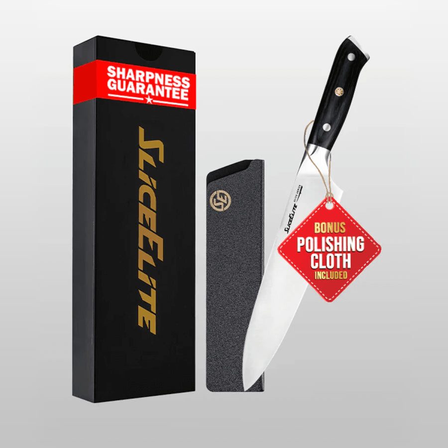 Knife set with 'Slice Elite' packaging and a polishing cloth on a gray background