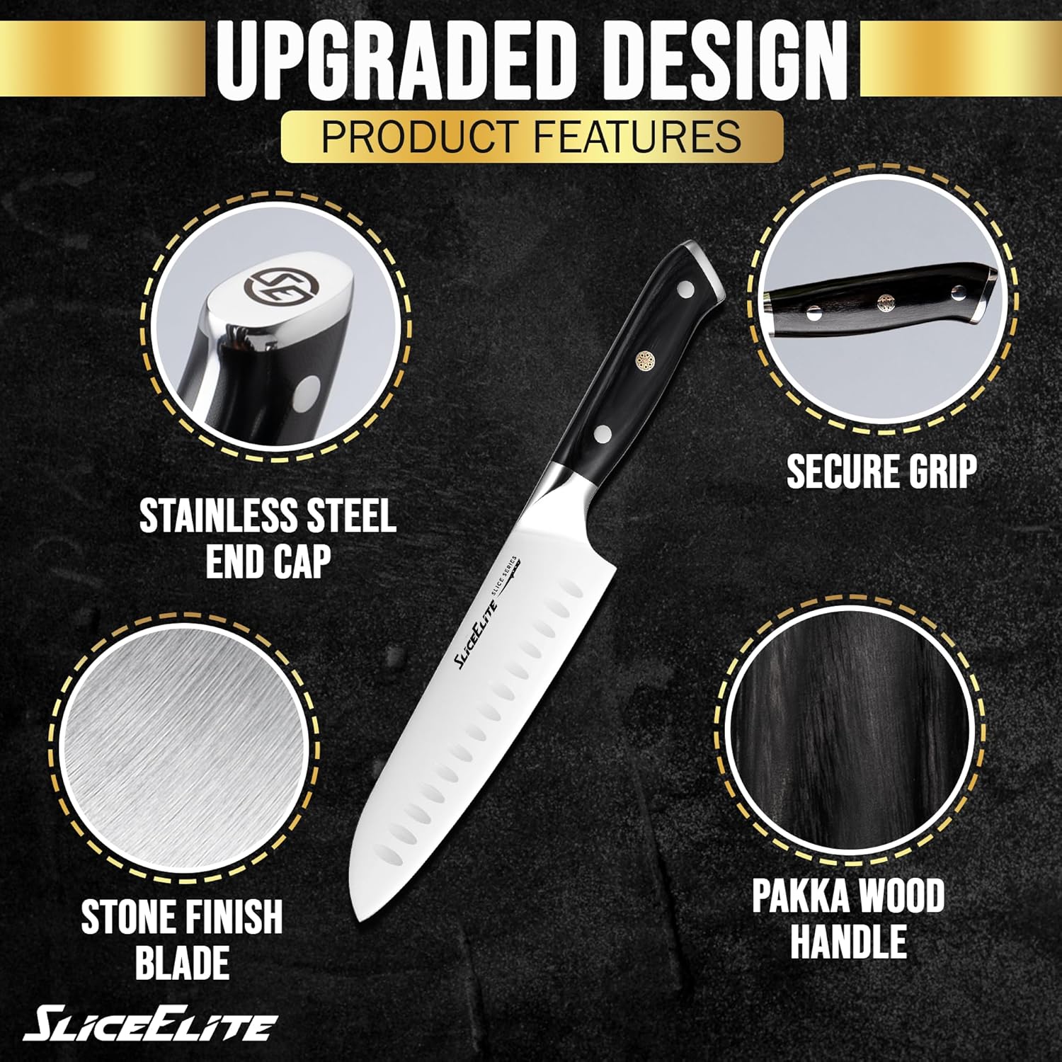 SliceElite 7-Inch Santoku knife showcasing its upgraded features: stainless steel end cap, stone finish blade, secure grip, and pakkawood handle.