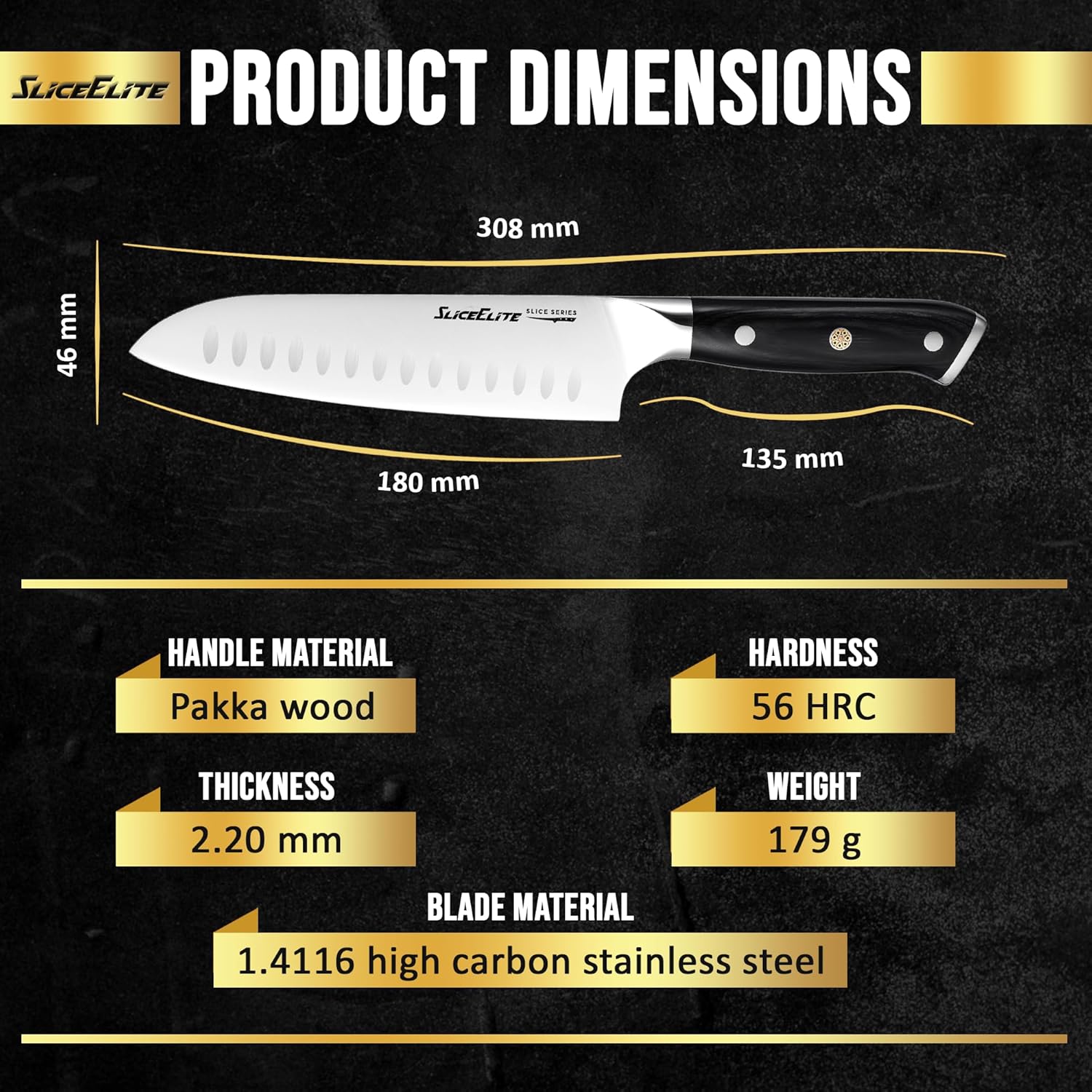 SliceElite 7-Inch Santoku knife showcasing its upgraded features and Dimensions