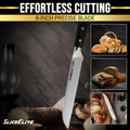 A high-quality SliceElite 8-inch bread knife is shown with various types of bread, showcasing its sharp blade for precise and effortless slicing.