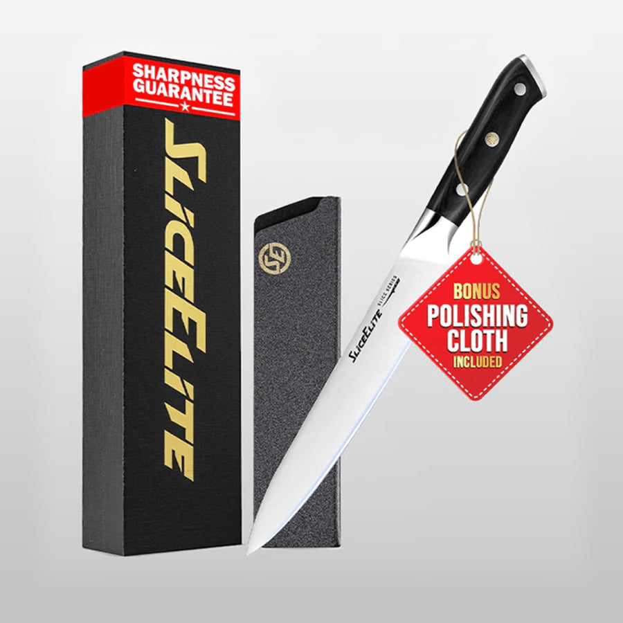 Knife with 'Slice Elite' packaging and a polishing cloth included on a gray background