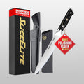 Knife set with sheath and polishing cloth included, branded 'Slice Elite'.
