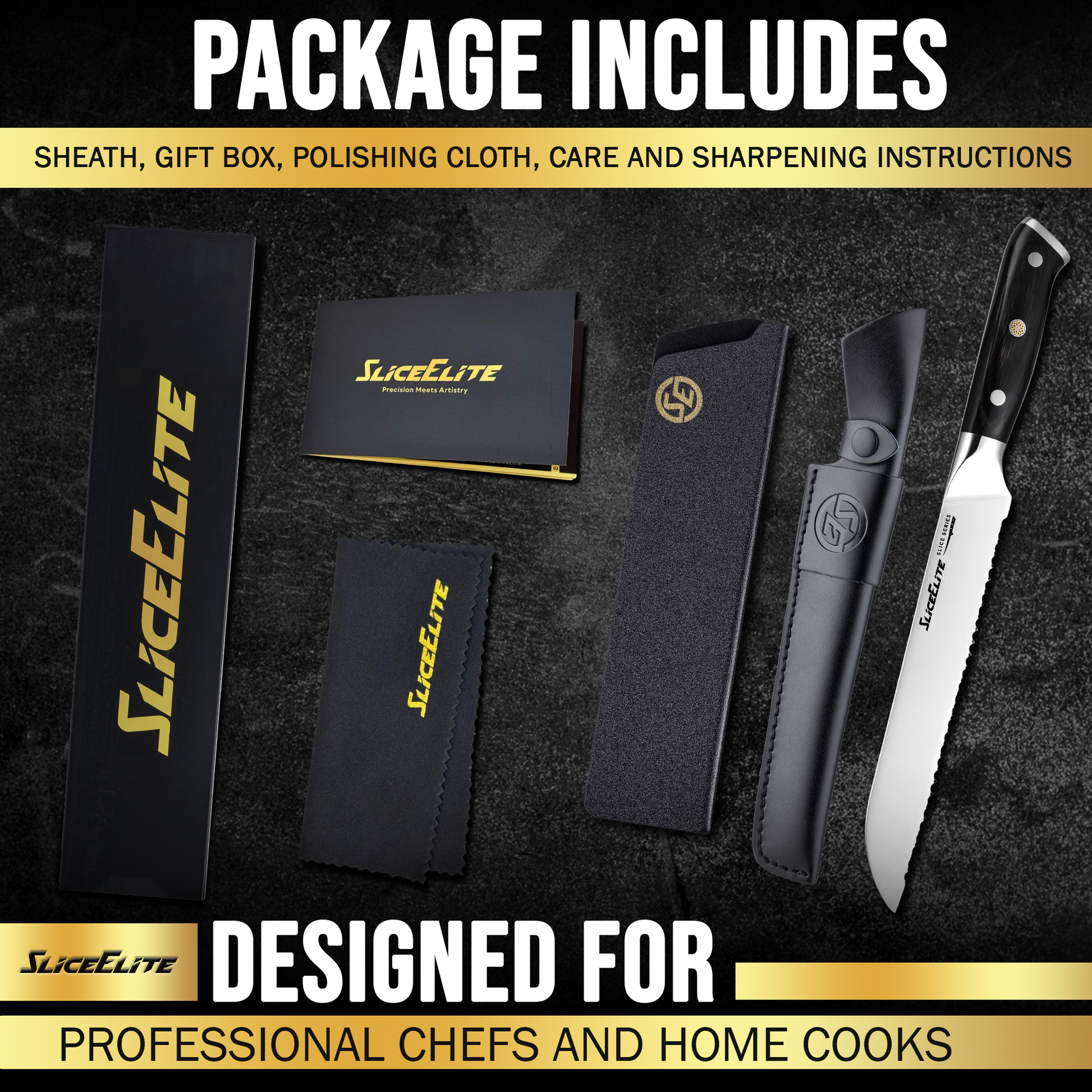 A high-quality SliceElite knife with a stone-finish blade, stainless steel end cap, mosaic rivet, and Pakka wood handle, highlighting its sharpness, durability, and rust resistance.