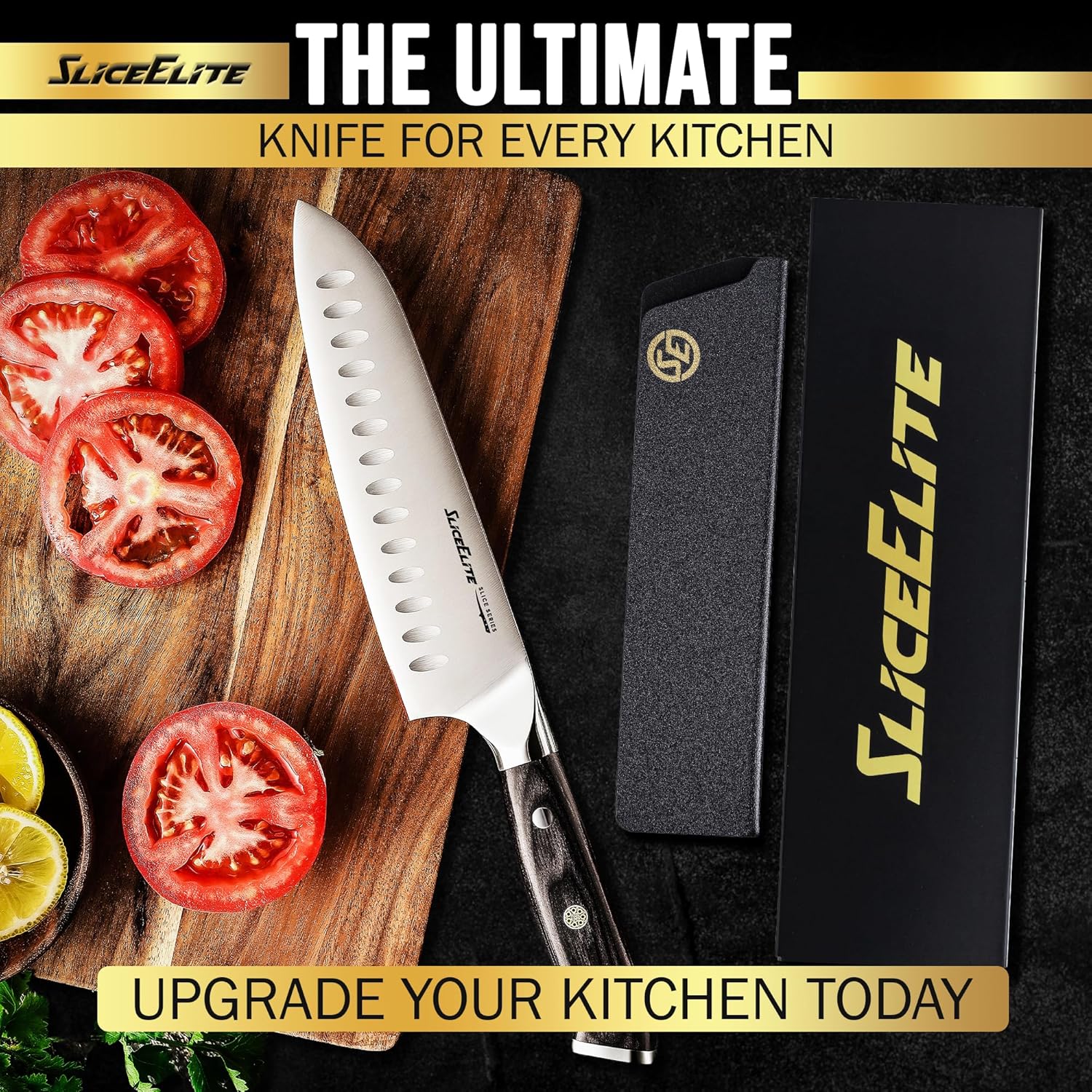 SliceEliteSantoku  knife with serrated blade cutting fresh tomatoes, accompanied by its protective case and branded packaging, with a promotional banner