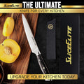 SliceElite chef knife with a wooden handle, slicing a fresh peach, placed next to its protective case and branded packaging