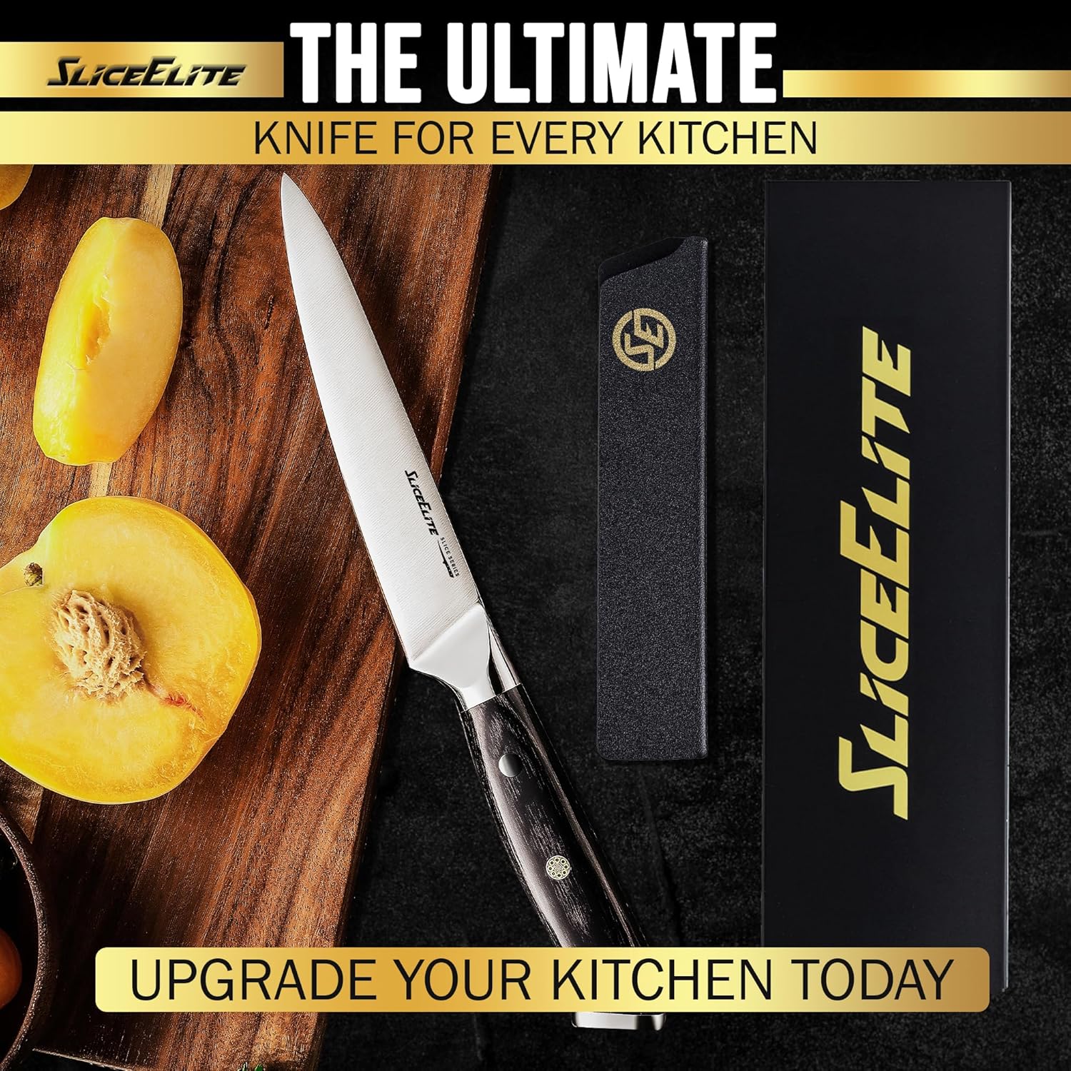 SliceElite chef knife with a wooden handle, slicing a fresh peach, placed next to its protective case and branded packaging
