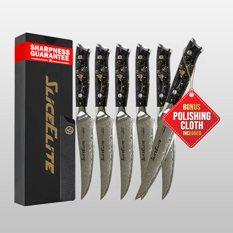Set of six knives with a 'Slice Elite' packaging and a polishing cloth included on a light gray background.