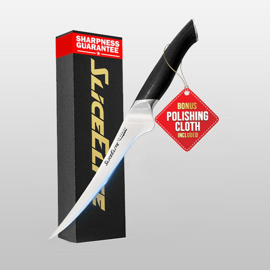 Knife with black handle and silver blade next to a black box labeled 'Slice Elite' on a light gray background.