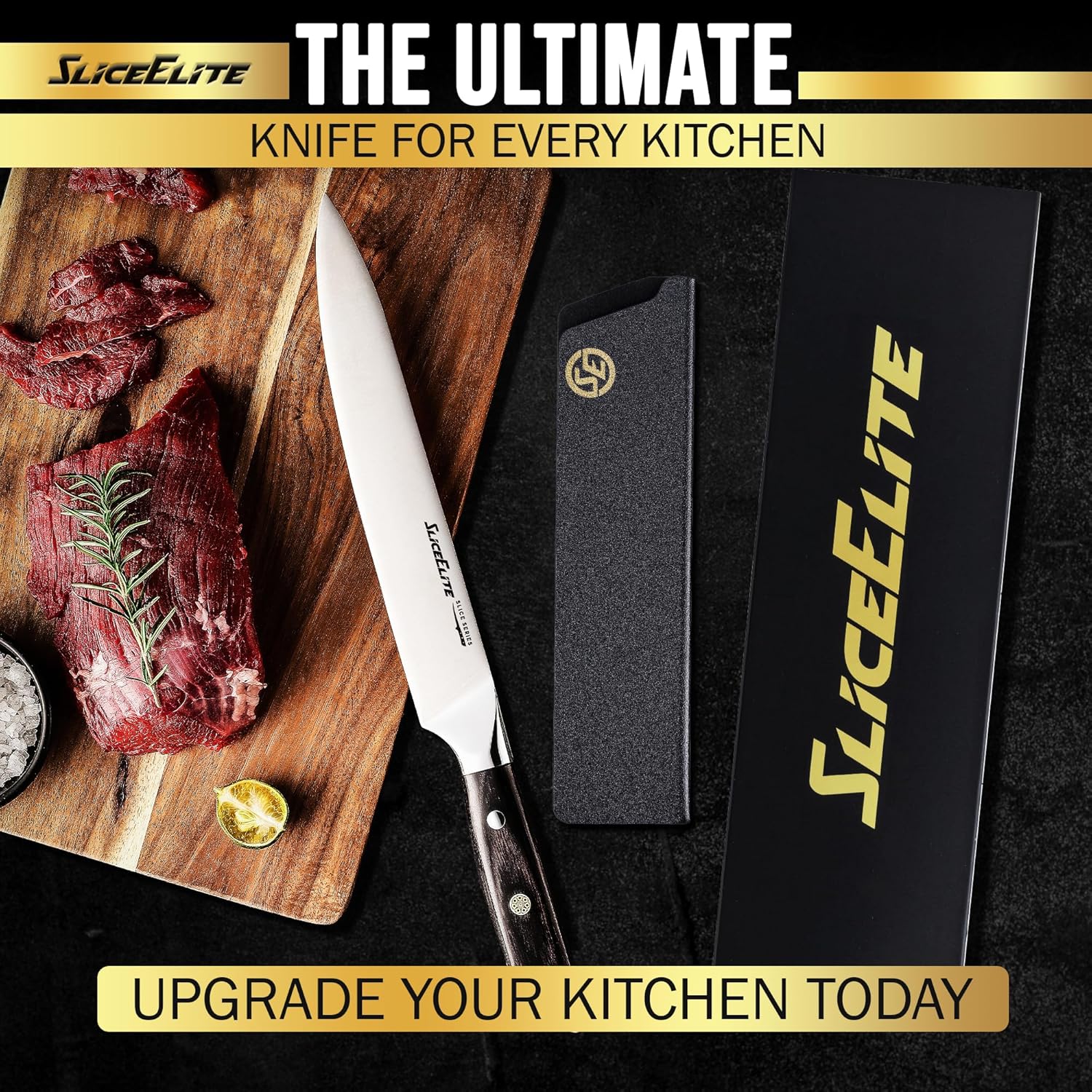 SliceElite kitchen knife slicing fresh meat with rosemary on a wooden cutting board, with blade guard and box.