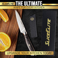 SliceElite professional kitchen knife slicing a fresh orange, with blade guard and box, designed for upgraded kitchen experiences.