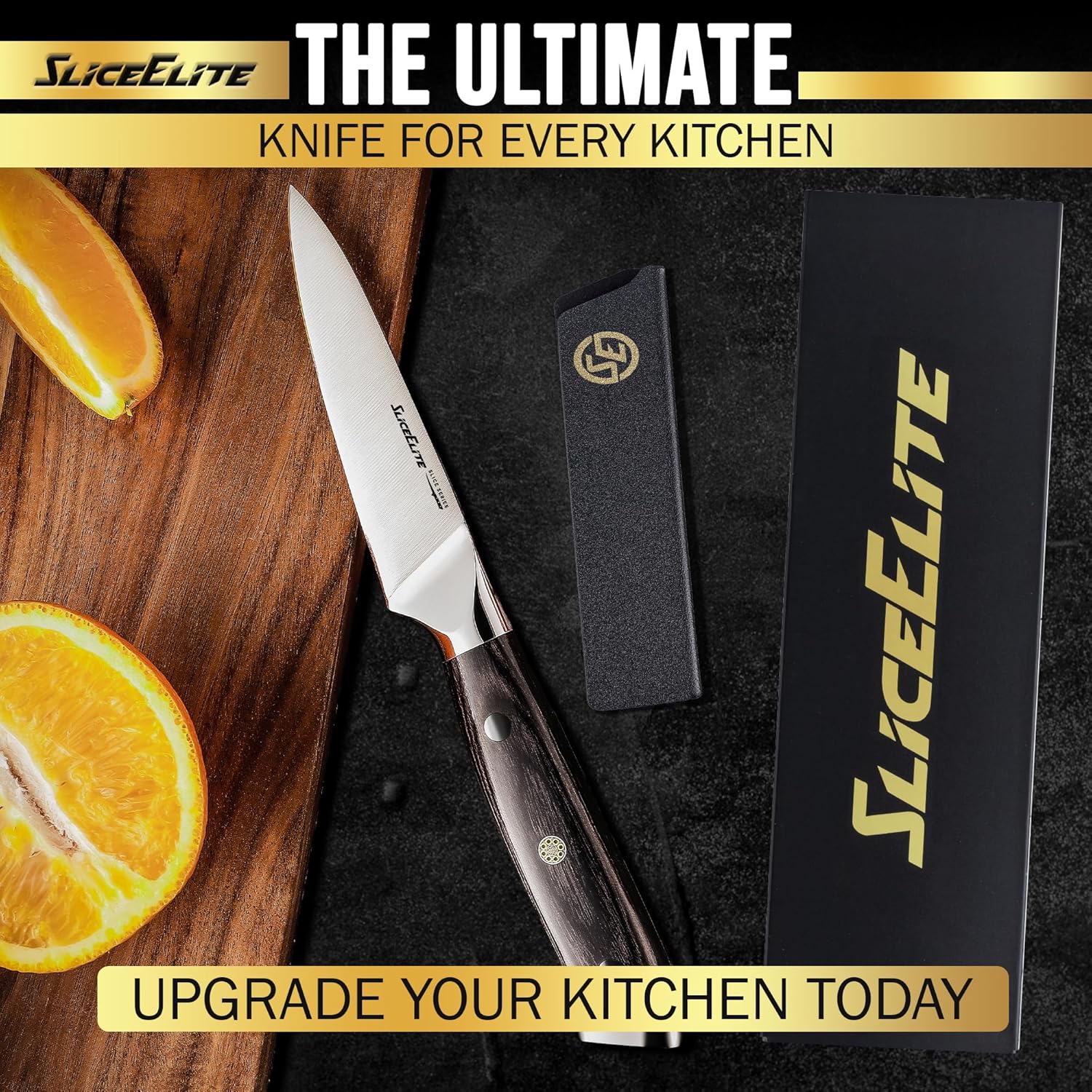 SliceElite professional kitchen knife slicing a fresh orange, with blade guard and box, designed for upgraded kitchen experiences.