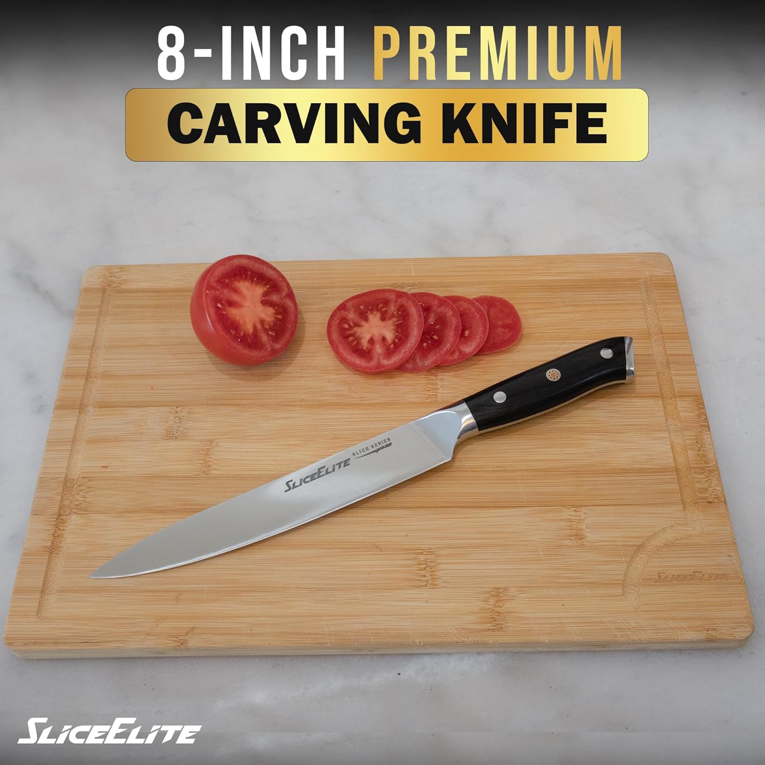 SliceElite professional Carving knife slicing fresh tomatoes on a wooden cutting board
