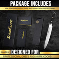 SliceElite professional kitchen knife with box, polishing cloth, and care instructions designed for chefs and home cooks.