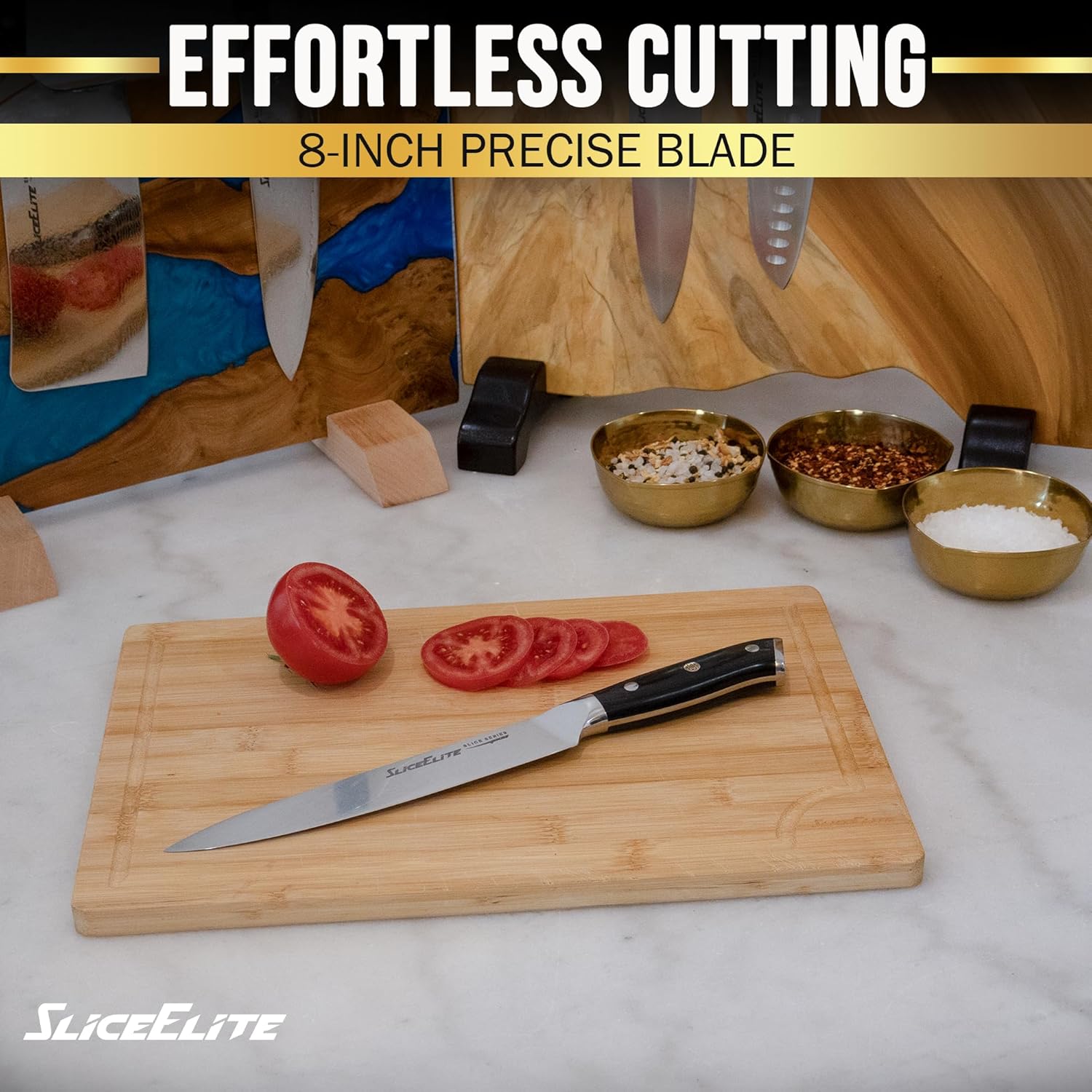 SliceElite professional kitchen knife slicing fresh tomatoes on a wooden cutting board with spices in the background