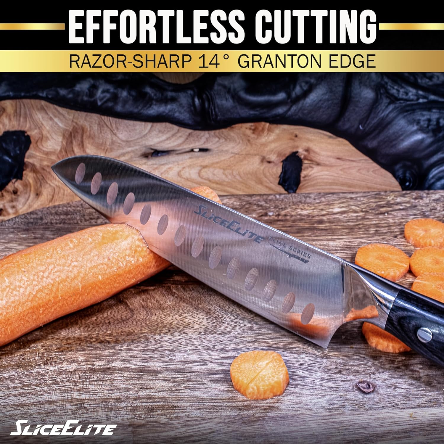 SliceElite Santoku knife cutting through a fresh carrot, with sliced carrot pieces arranged on a wooden surface.