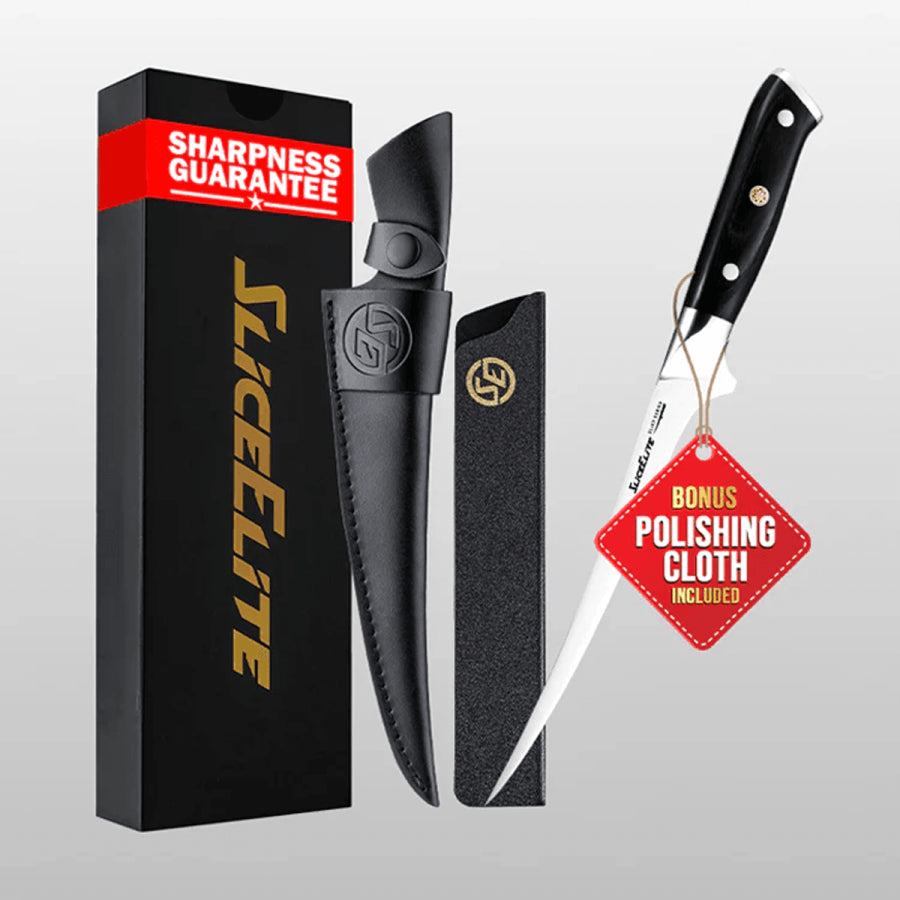 Fishing knife set with packaging, knife, and polishing cloth on a gray background