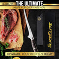 SliceElite ultimate kitchen fillet knife slicing fresh meat with rosemary, accompanied by a blade guard and box, designed to upgrade your kitchen