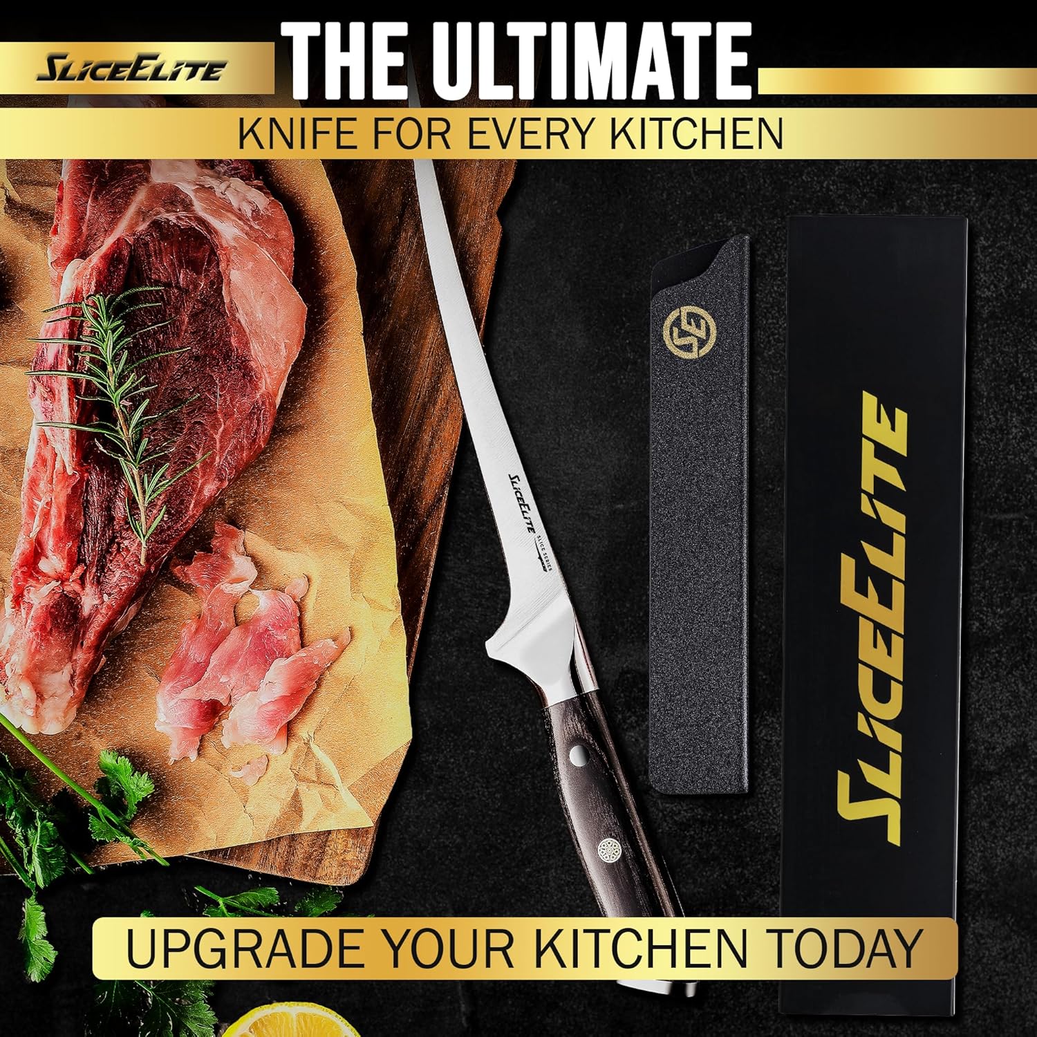 SliceElite ultimate kitchen fillet knife slicing fresh meat with rosemary, accompanied by a blade guard and box, designed to upgrade your kitchen