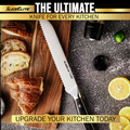The SliceElite bread knife displayed alongside freshly cut bread and lemon slices, promoting its versatility as the ultimate kitchen tool for effortless slicing.