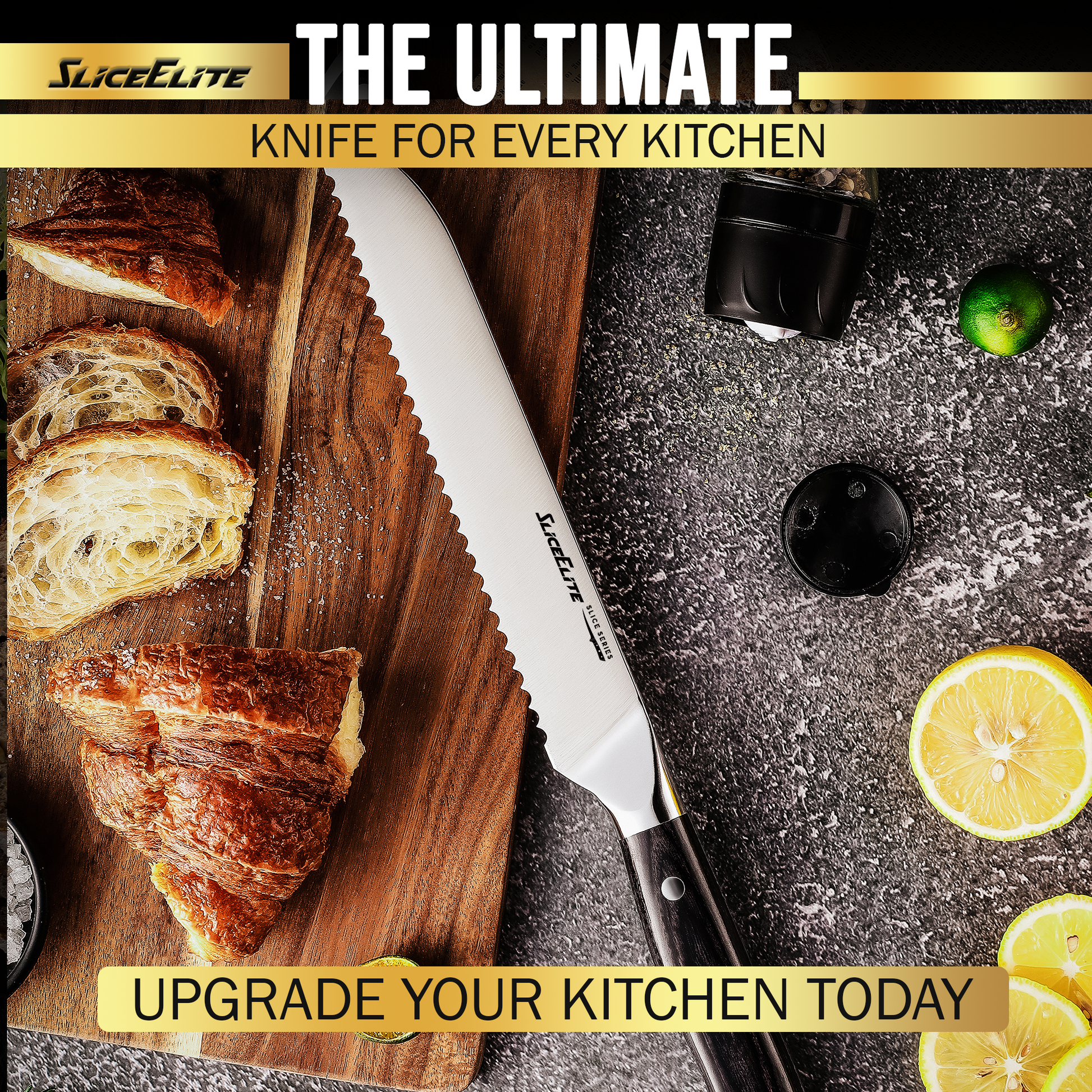 The SliceElite bread knife displayed alongside freshly cut bread and lemon slices, promoting its versatility as the ultimate kitchen tool for effortless slicing.