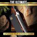 The ultimate kitchen knife with a sharp Damascus steel blade, shown with its protective sheath, is ideal for upgrading any kitchen with precision cutting.