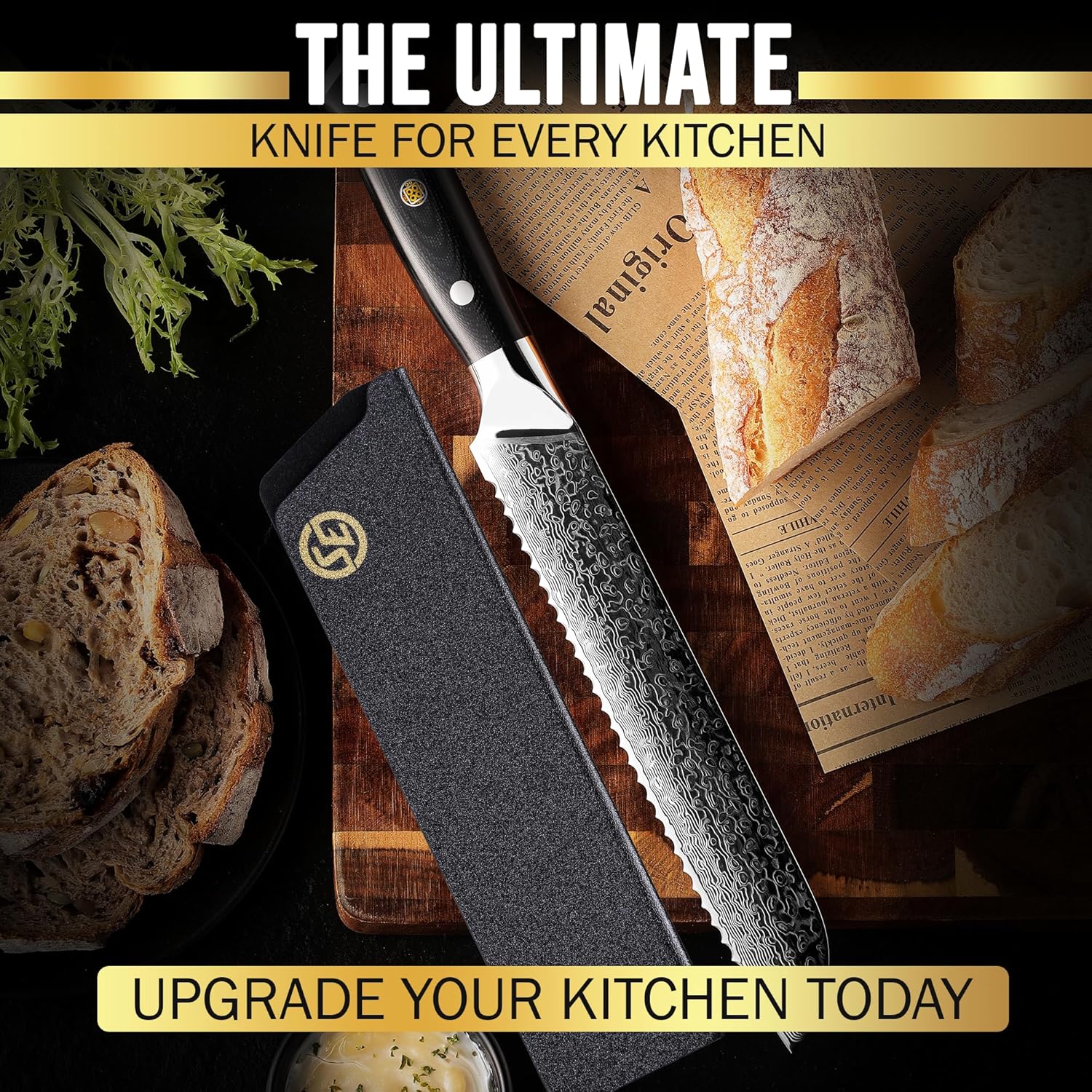 The ultimate kitchen knife with a sharp Damascus steel blade, shown with its protective sheath, is ideal for upgrading any kitchen with precision cutting.