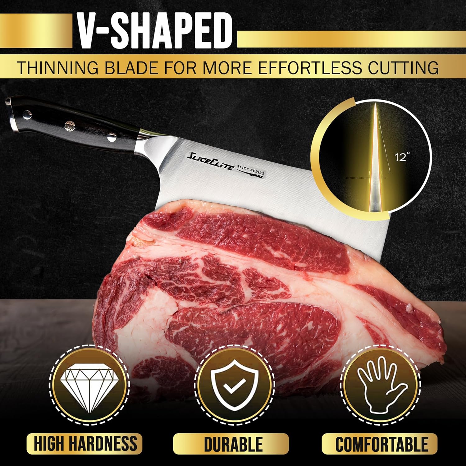 A high-quality butcher knife with a V-shaped thinning blade, designed for effortless cutting, shown alongside a raw piece of meat.